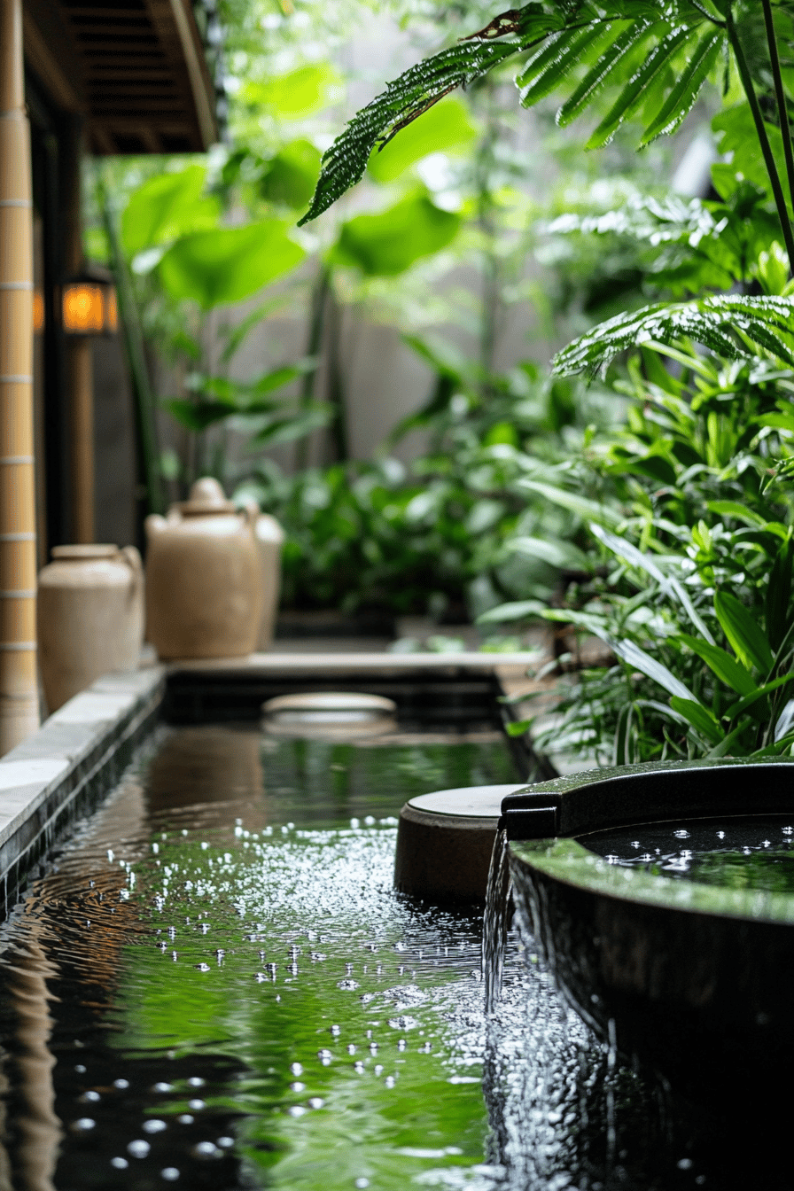 Ein asiatisch inspiriertes Wasserspiel auf einer Terrasse mit üppigen grünen Pflanzen.