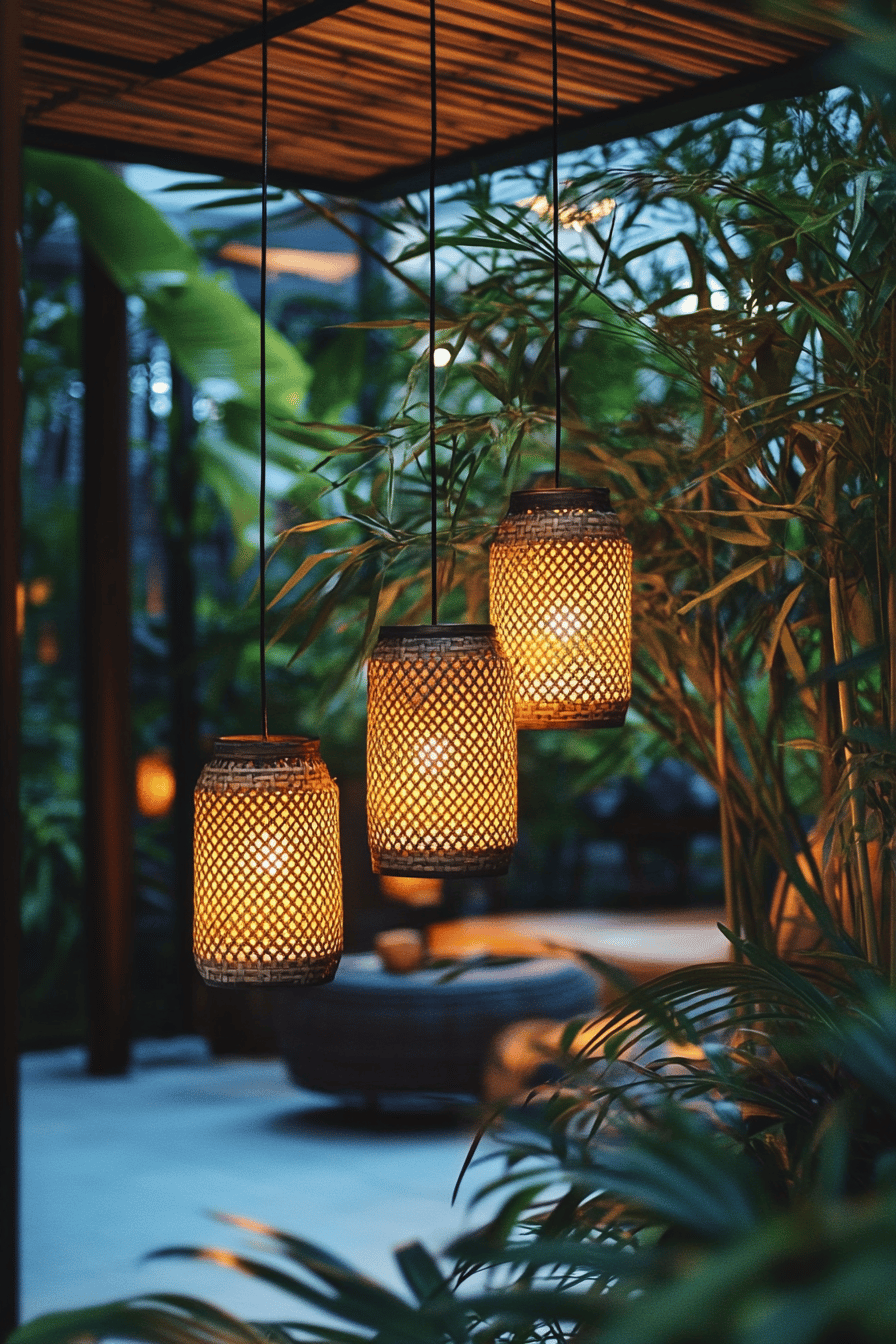 Drei hängende asiatische Laternen erleuchten eine Terrasse im Dämmerlicht.