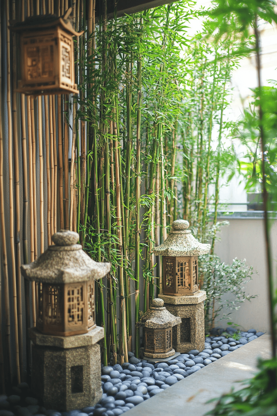 Terrassenbereich mit Bambuspflanzen und asiatischen Laternen.