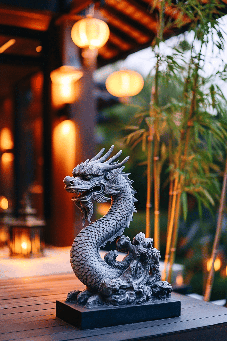 Chinesische Drachenskulptur auf einer Terrasse mit asiatischen Laternen im Hintergrund.