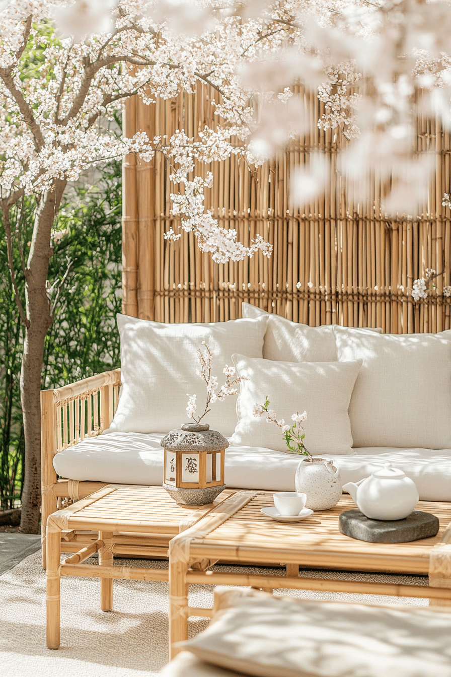 Terrasse mit Bambusmöbeln, Kissen und Kirschblüten.