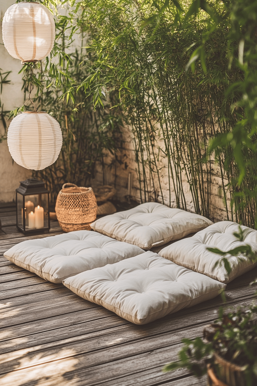 Asiatisch inspirierte Terrasse mit Bambus, Laternen und Sitzkissen.