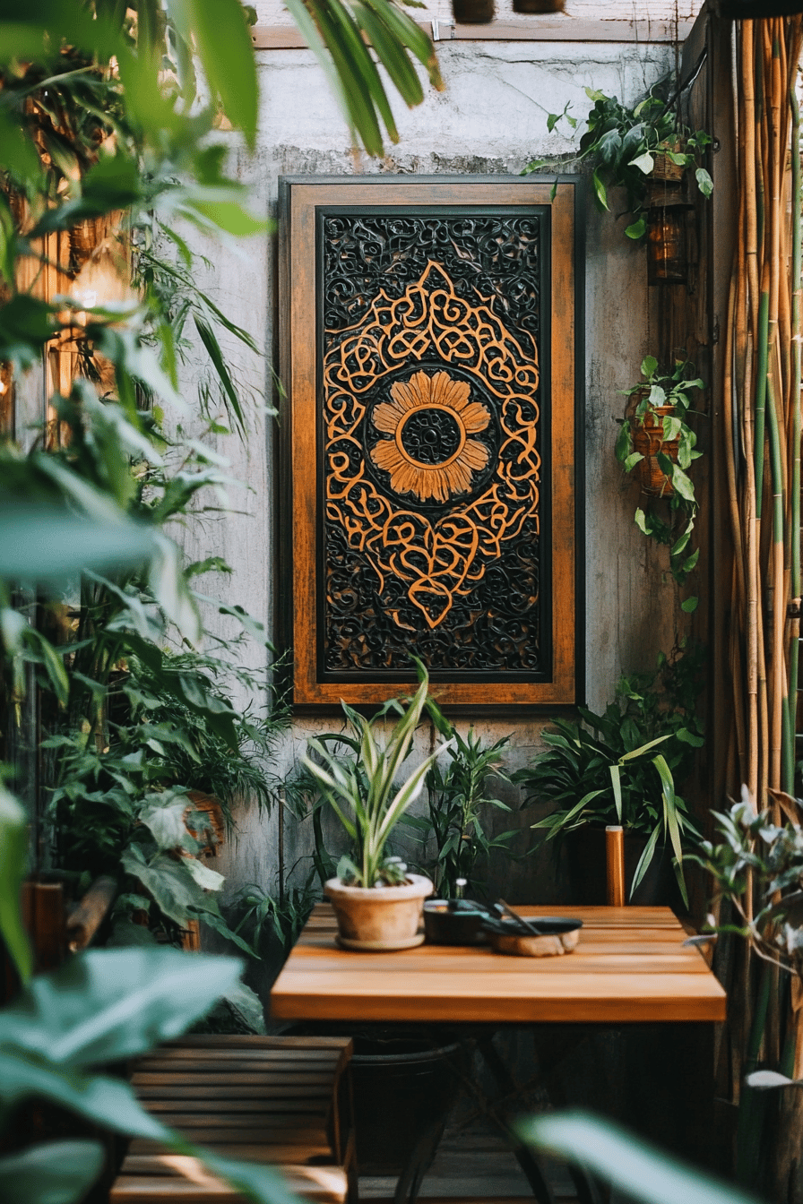 Asiatische Wandkunst auf einer Terrasse mit Holzmöbeln und Pflanzen.