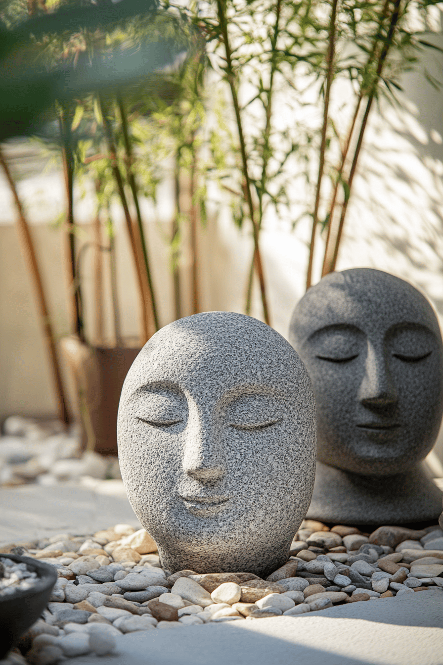 Asiatische Steinskulpturen auf einer mit Kieselsteinen dekorierten Terrasse.