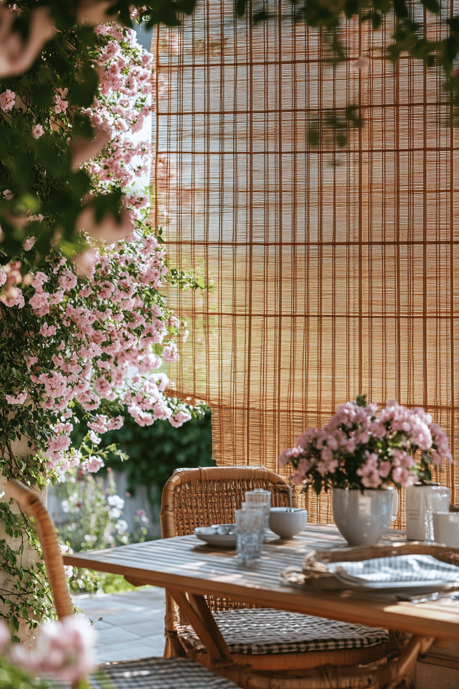 Terrasse mit Bambusrollos und blühenden Pflanzen.