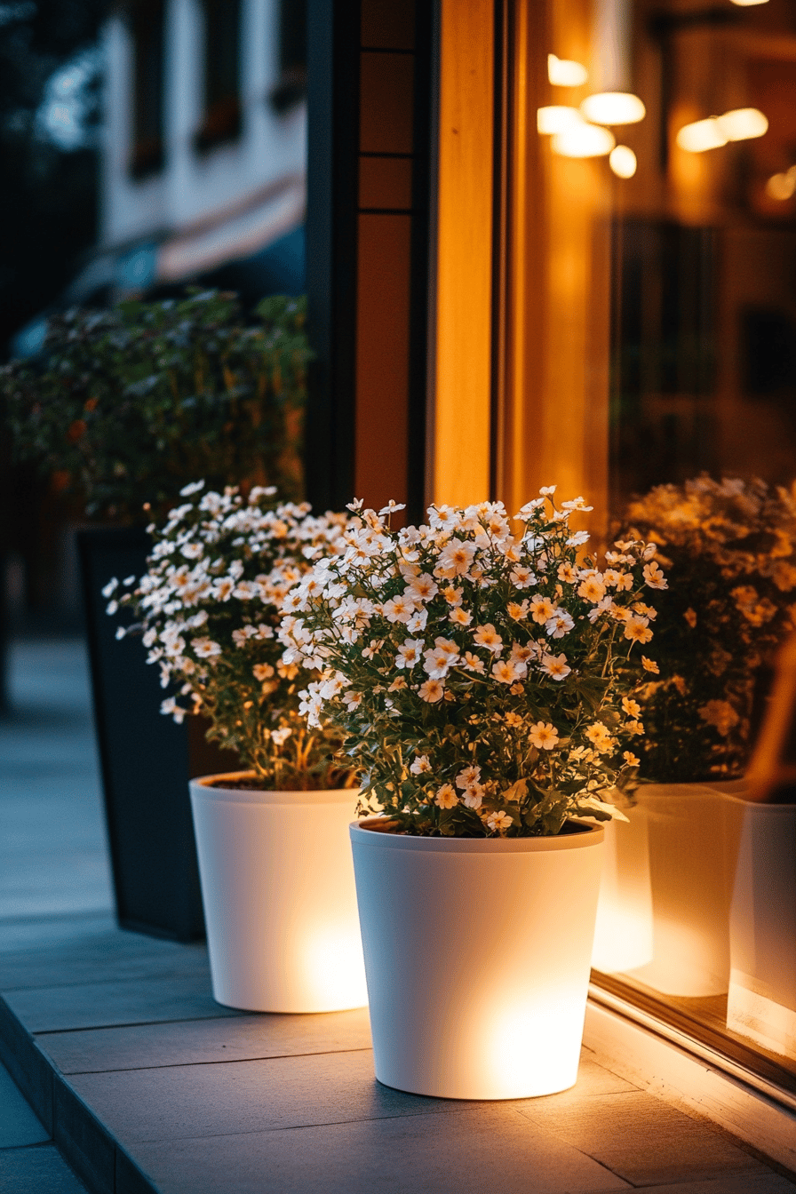 Beleuchtete Blumenkübel mit weißen Blumen auf einer Terrasse.