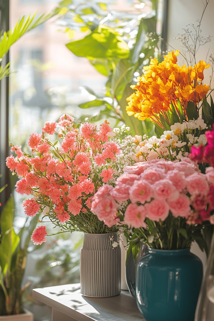 Verschiedene Blumensorten in Vasen, auf einem Tisch arrangiert.