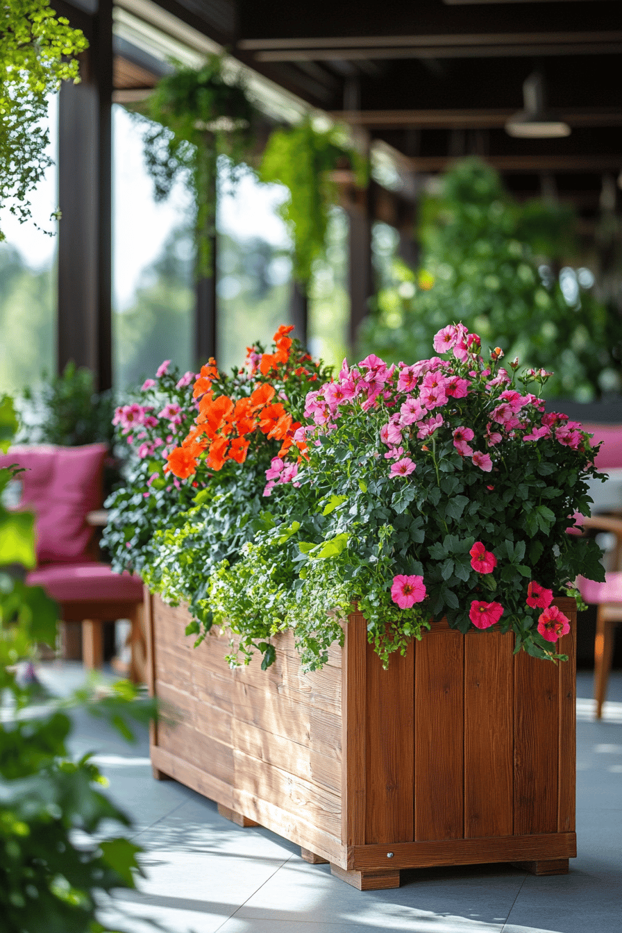 Blumenkästen auf einer Terrasse mit bunten Blumen als Raumtrenner.