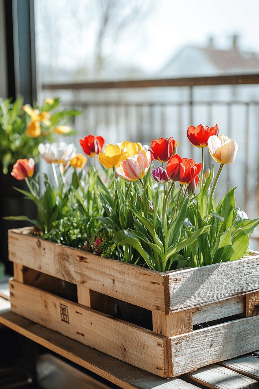 Holzpalette als Blumenkasten mit bunten Tulpen auf einer Terrasse.