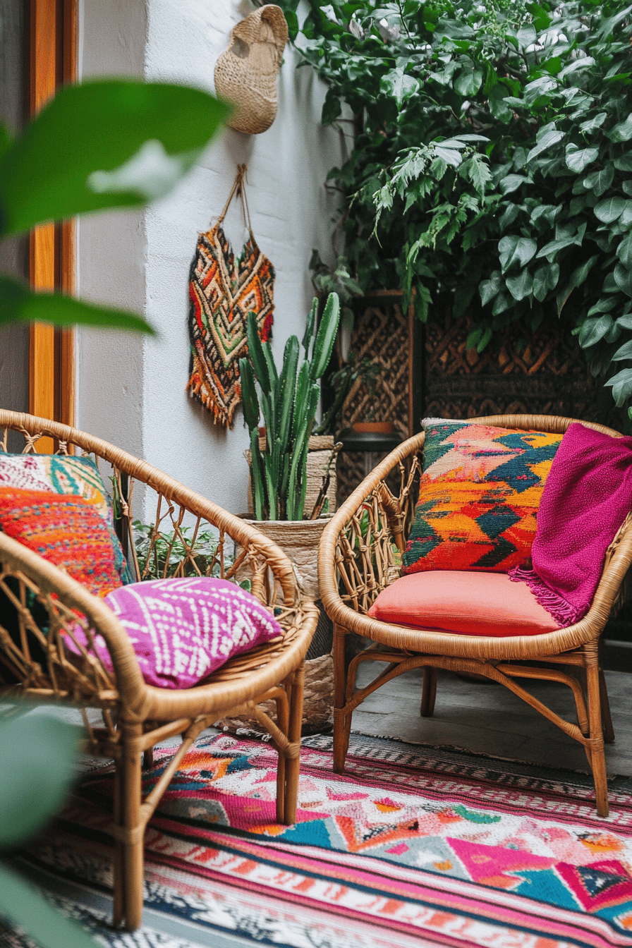 Gemütliche Boho-Terrasse mit bunten Kissen und Pflanzen.