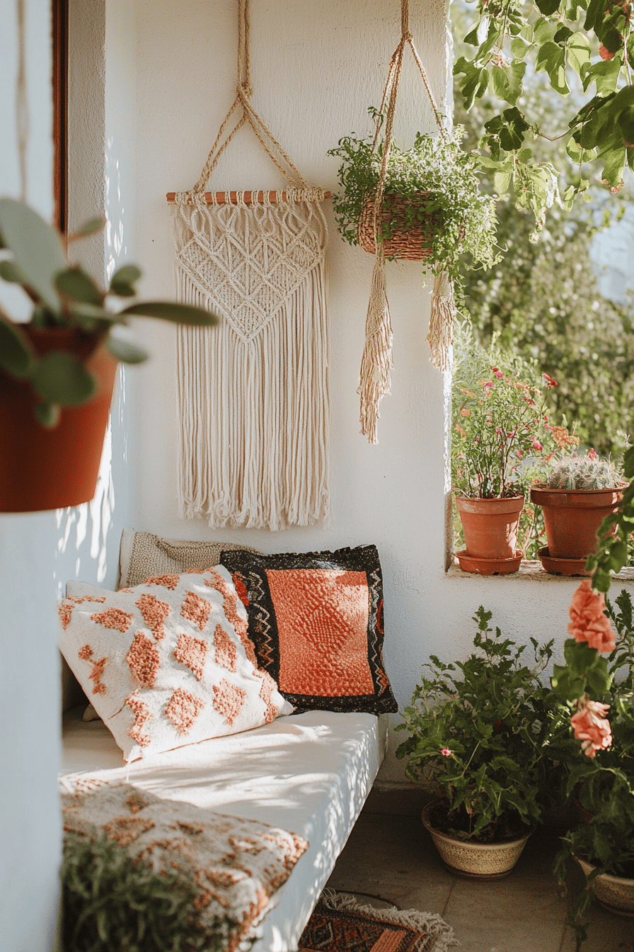 Boho-Terrasse mit Makramee, Kissen und Pflanzen