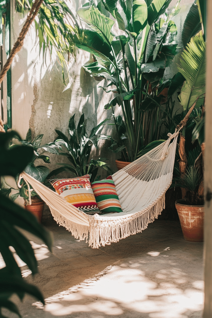 Eine Boho-Terrasse mit einer Hängematte und bunten Kissen umgeben von Pflanzen.