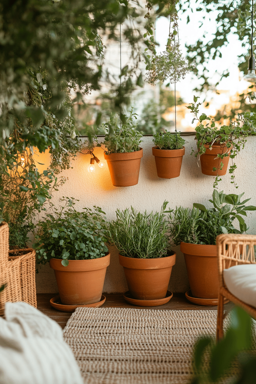 Terrasse im Boho-Stil mit hängenden und stehenden Kräutertöpfen.