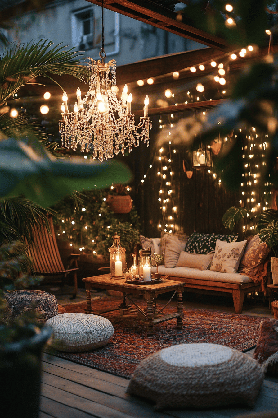 Boho-Terrasse mit Kronleuchter und Lichterketten dekoriert.