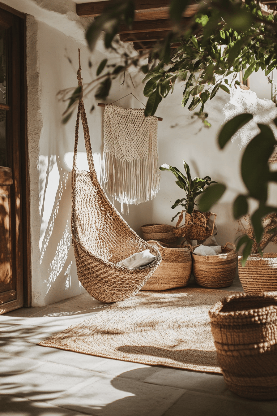 Gemütliche Terrasse mit Hängesessel, Makramee-Wandbehang und Körben aus natürlichen Materialien.