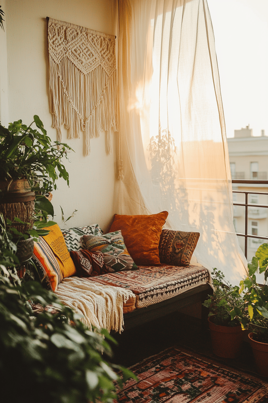 Boho-Stil Terrasse mit bequemen Sitzgelegenheiten, Kissen, Pflanzen und Makramee-Dekoration.