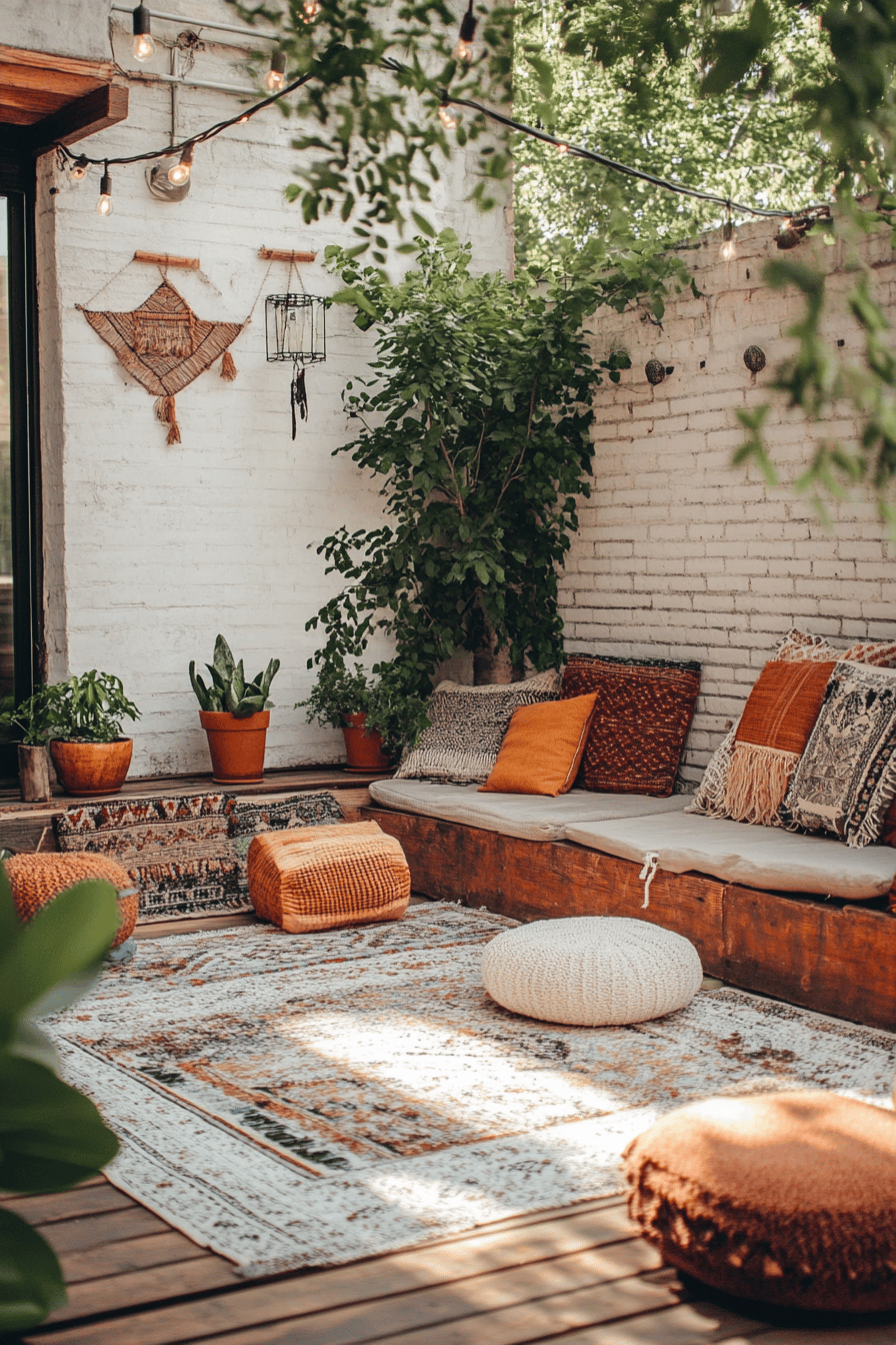 Boho-Terrasse mit Teppichen, Kissen und Pflanzen in gemütlicher Atmosphäre.