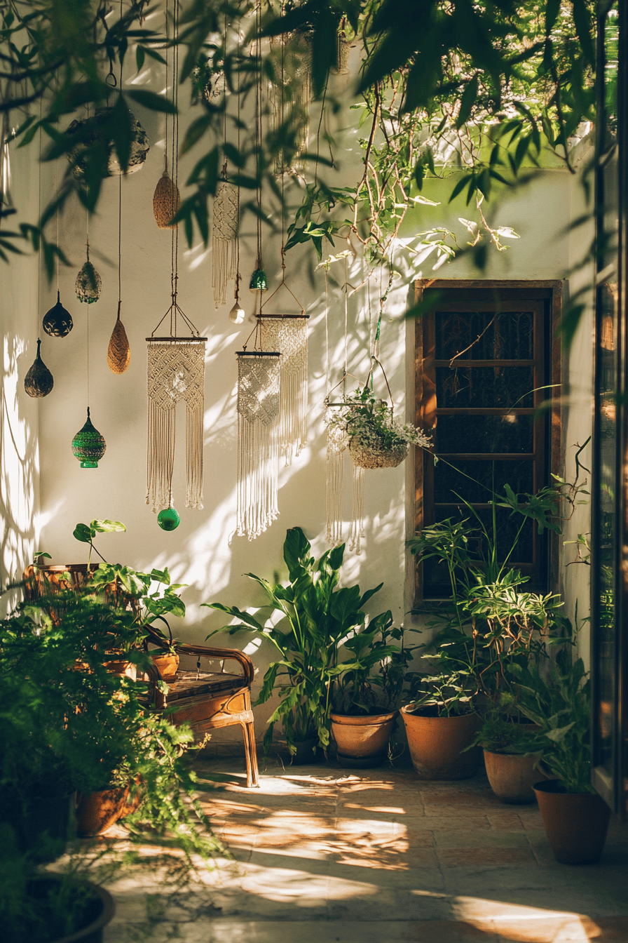 Boho-Dekorationen mit Windspielen und Makramee auf einer begrünten Terrasse.