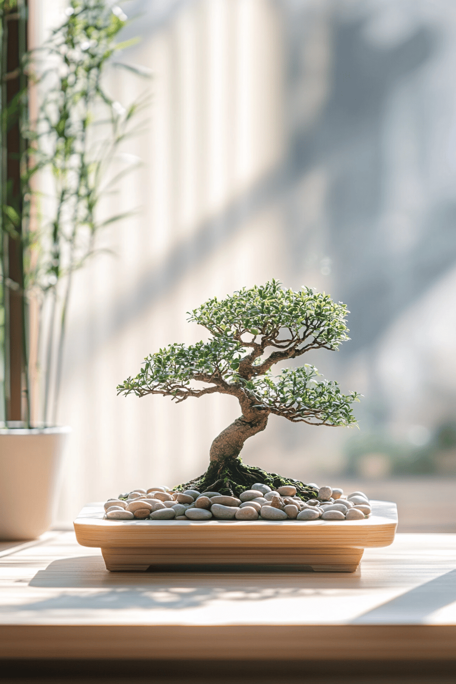 Ein Bonsai-Baum in einer künstlerischen Holzschale, von Kieselsteinen umgeben.