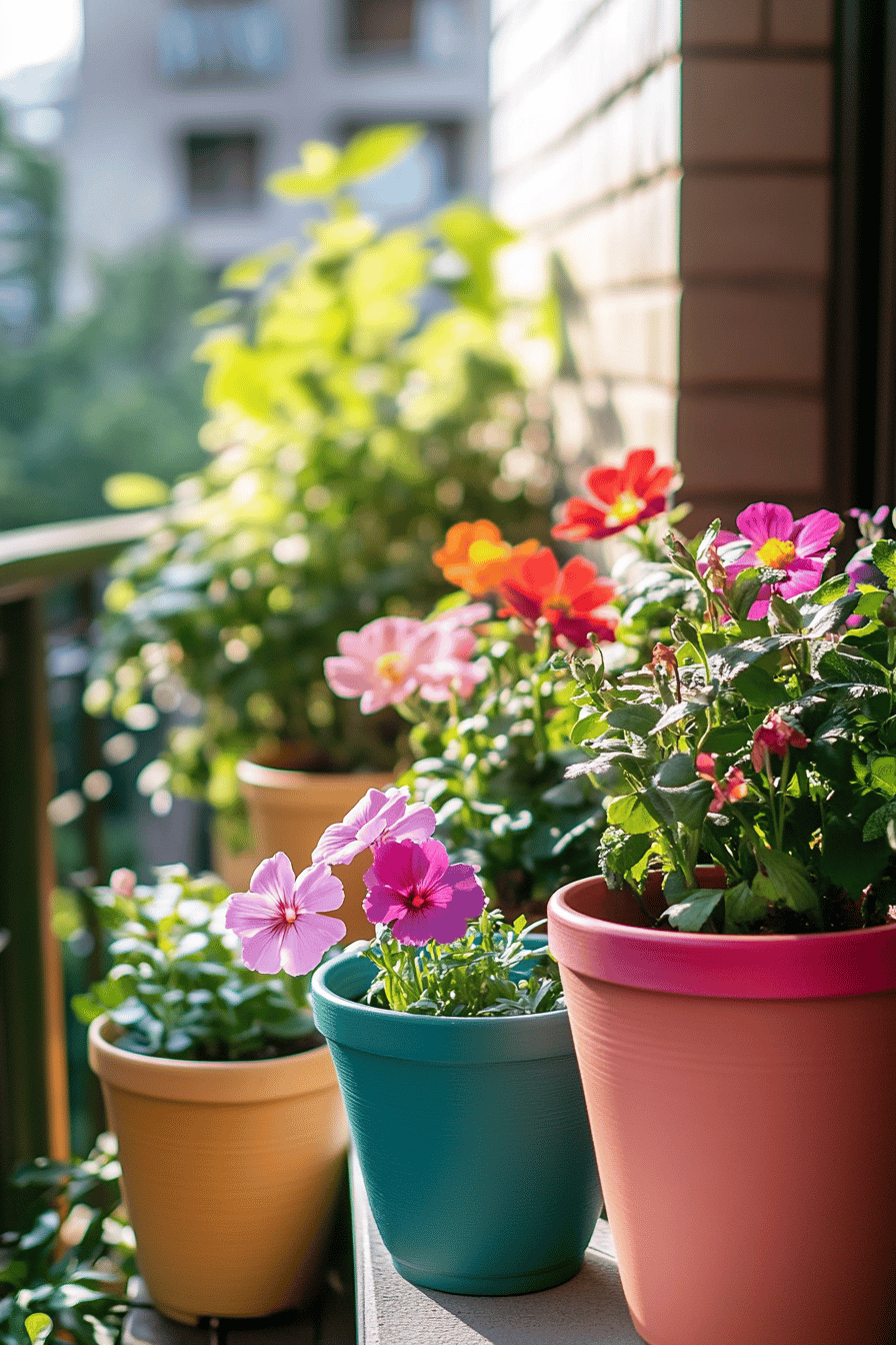 Bunte Blumentöpfe mit Frühlingsblumen auf einer Terrasse.