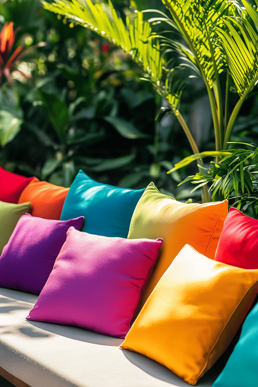 Bunte Kissen auf einer Terrasse, umgeben von grüner Vegetation.