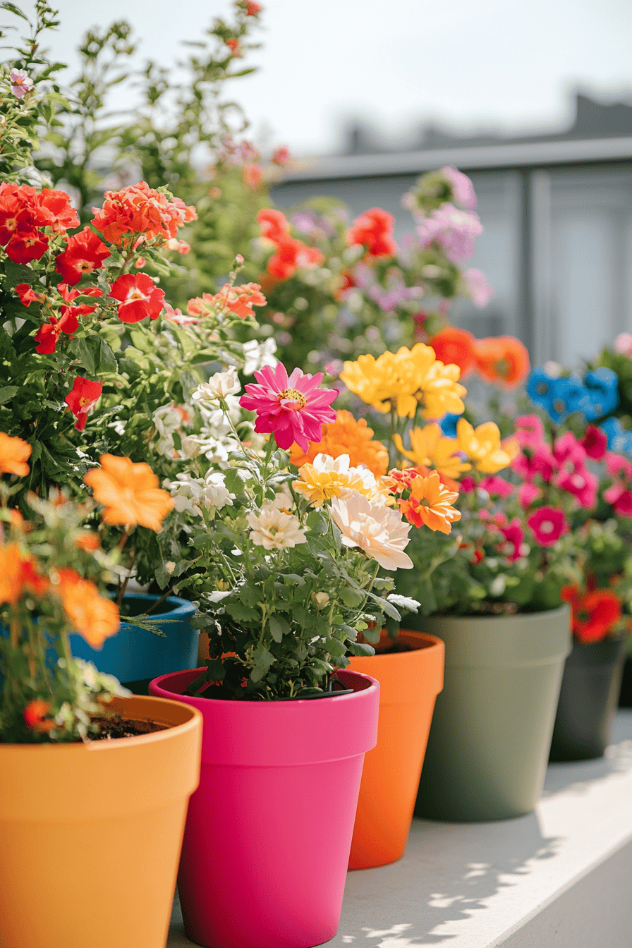 Bunte Pflanzgefäße mit verschiedenfarbigen Blumen auf einer Terrasse.