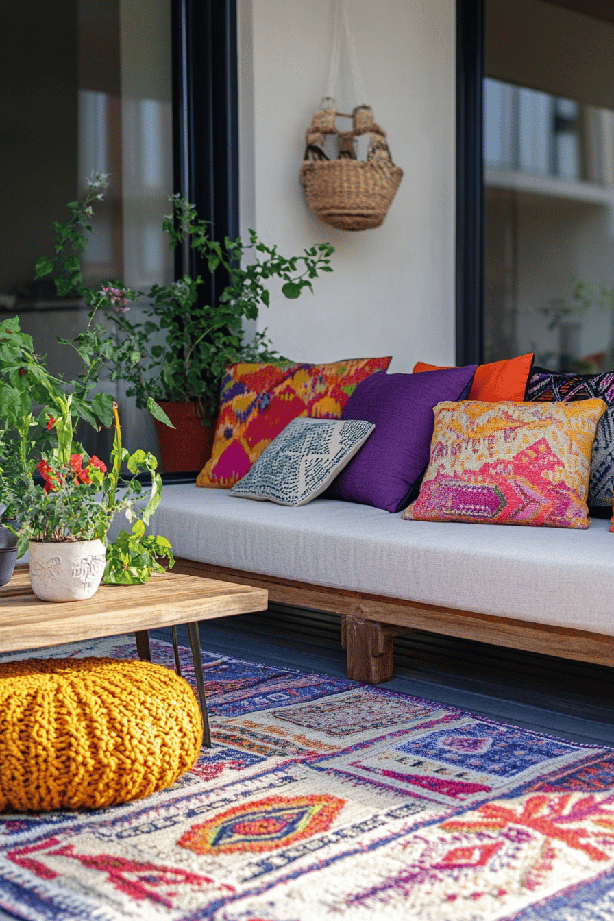 Terrasse mit buntem Outdoor-Teppich, bunten Kissen und Pflanzen.