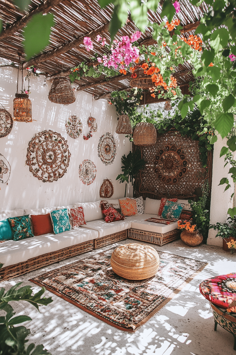 Gemütliche Terrasse mit bunten Kissen, Pflanzen und Wanddekorationen.