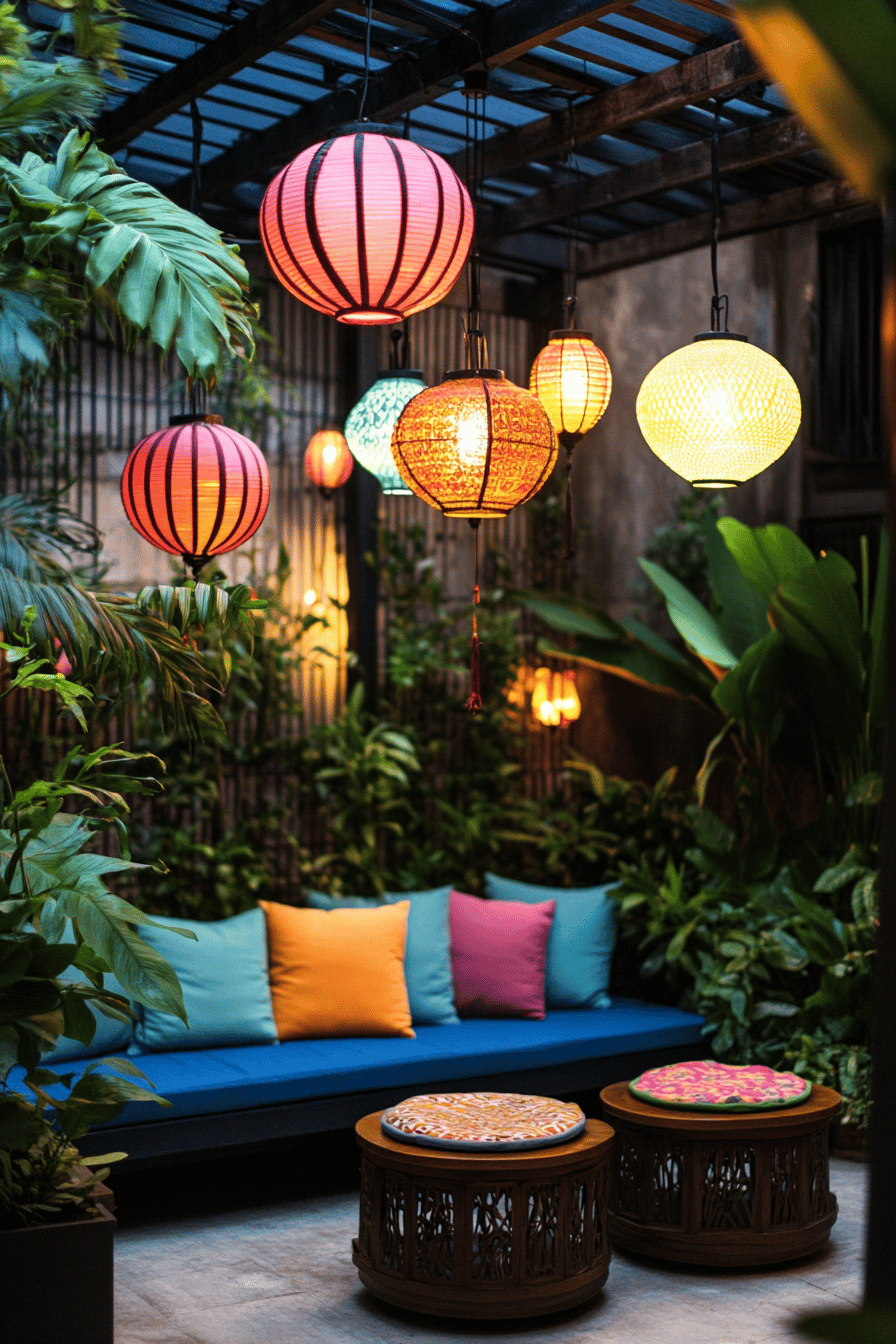 Bunte Lampions und leuchtende Kissen auf einer gemütlichen Terrasse.