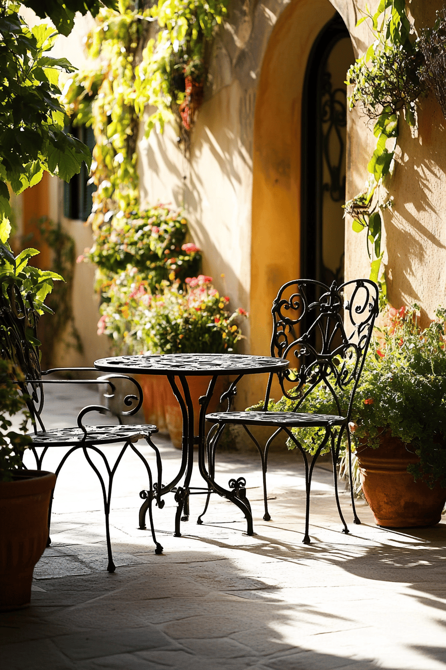 Mediterrane Terrasse mit eleganten Eisenmöbeln und blühenden Pflanzen.