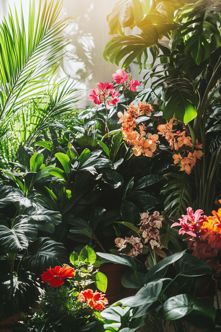 Verschiedene exotische Pflanzen und Blumen auf einer Terrasse.