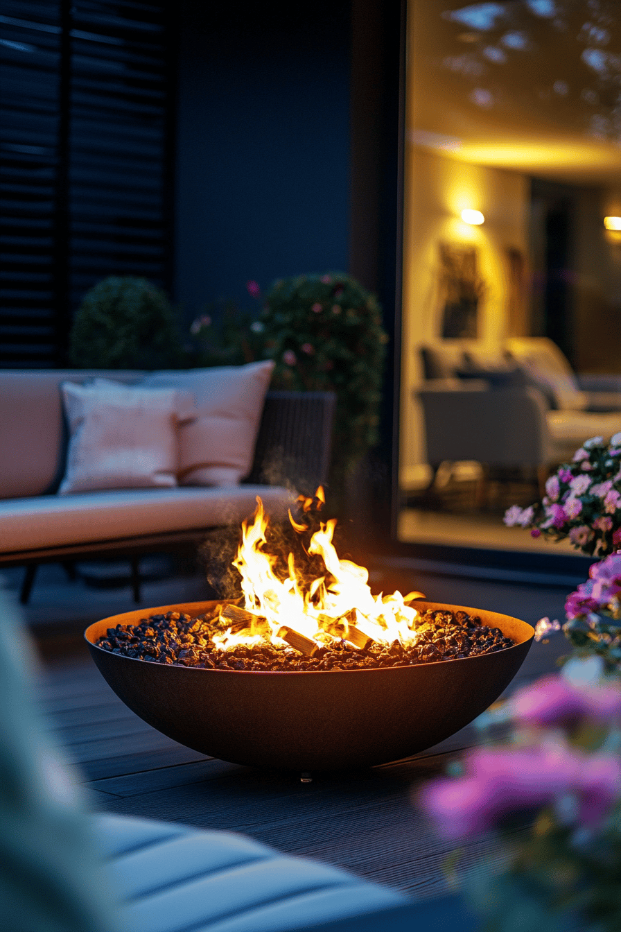 Moderne Feuerschale auf einer Terrasse neben einem Sofa, umgeben von Pflanzen, die abends gemütliche Atmosphäre schafft.