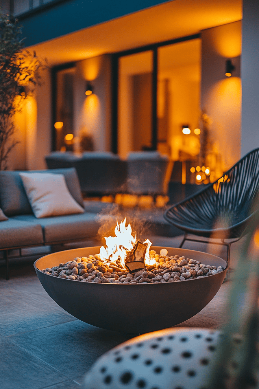 Feuerschale auf einer modernen Terrasse bei Abenddämmerung.