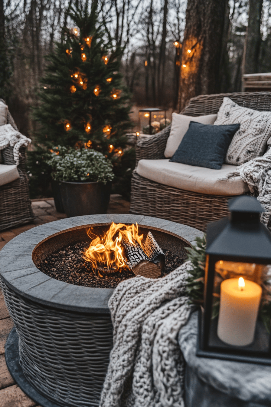 Eine gemütliche Terrasse mit Feuerstelle, Decken und Lichterketten.