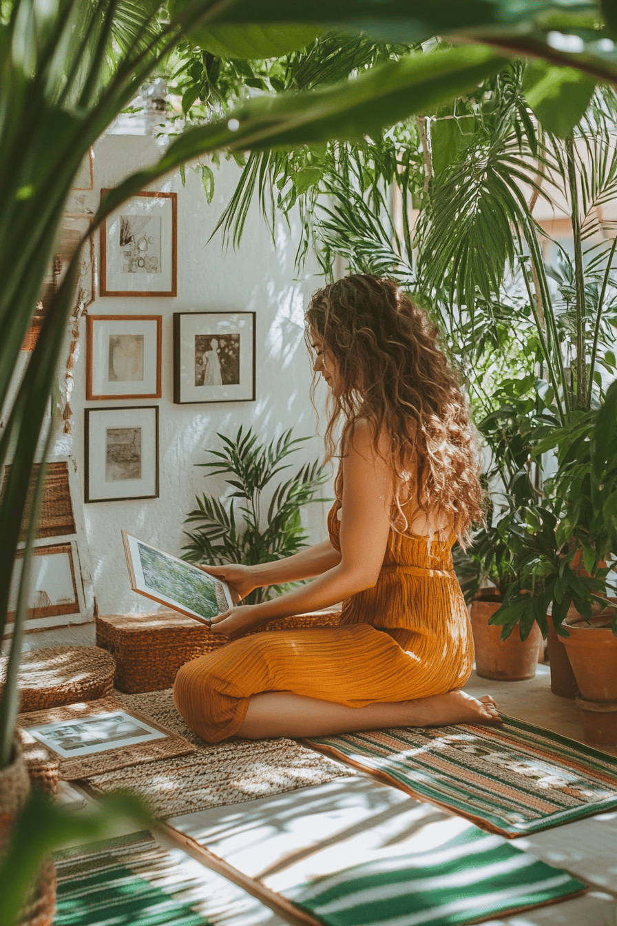 Eine Person im Boho-Stil arrangiert Fotorahmen auf einer Terrasse mit vielen Pflanzen.