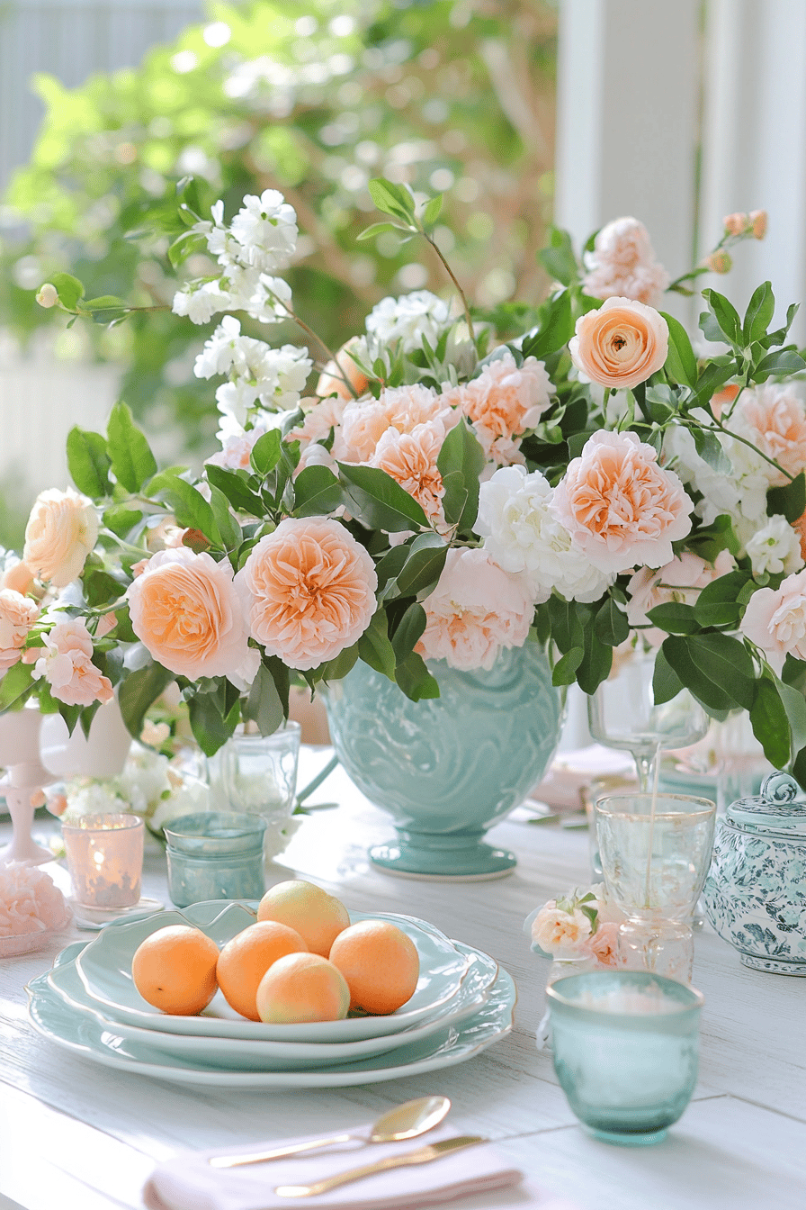 Ein wunderschön gedeckter Tisch mit pastellfarbenem Geschirr und Blumen in zarten Farbtönen.