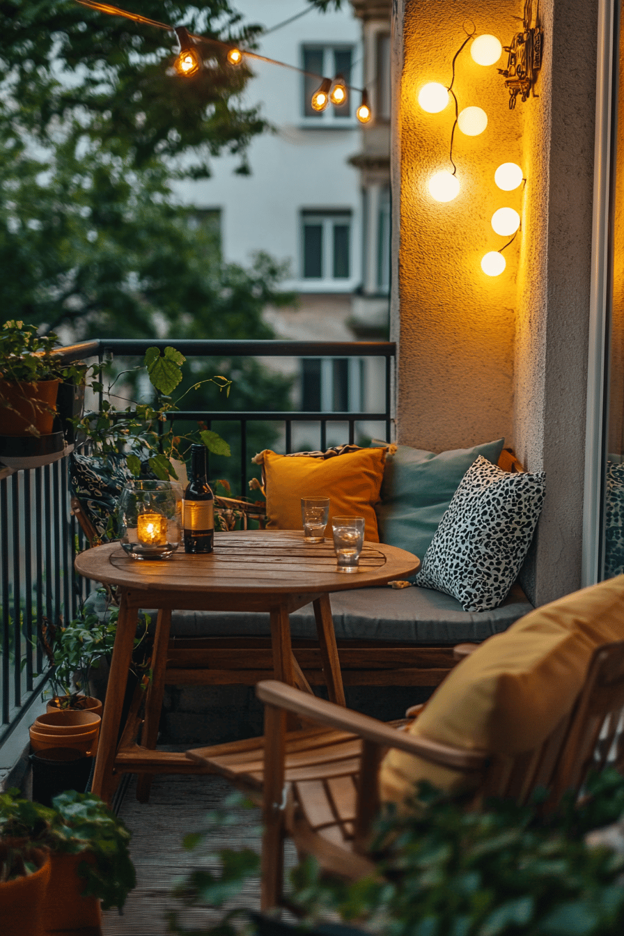 Ein Balkon mit Holzstuhl, Tisch und warmen Lichterketten.