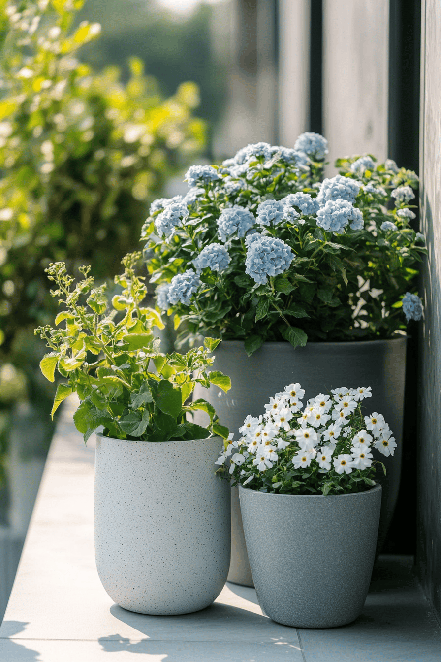 Graue Blumentöpfe mit farbigen Blumen auf einer Terrasse.