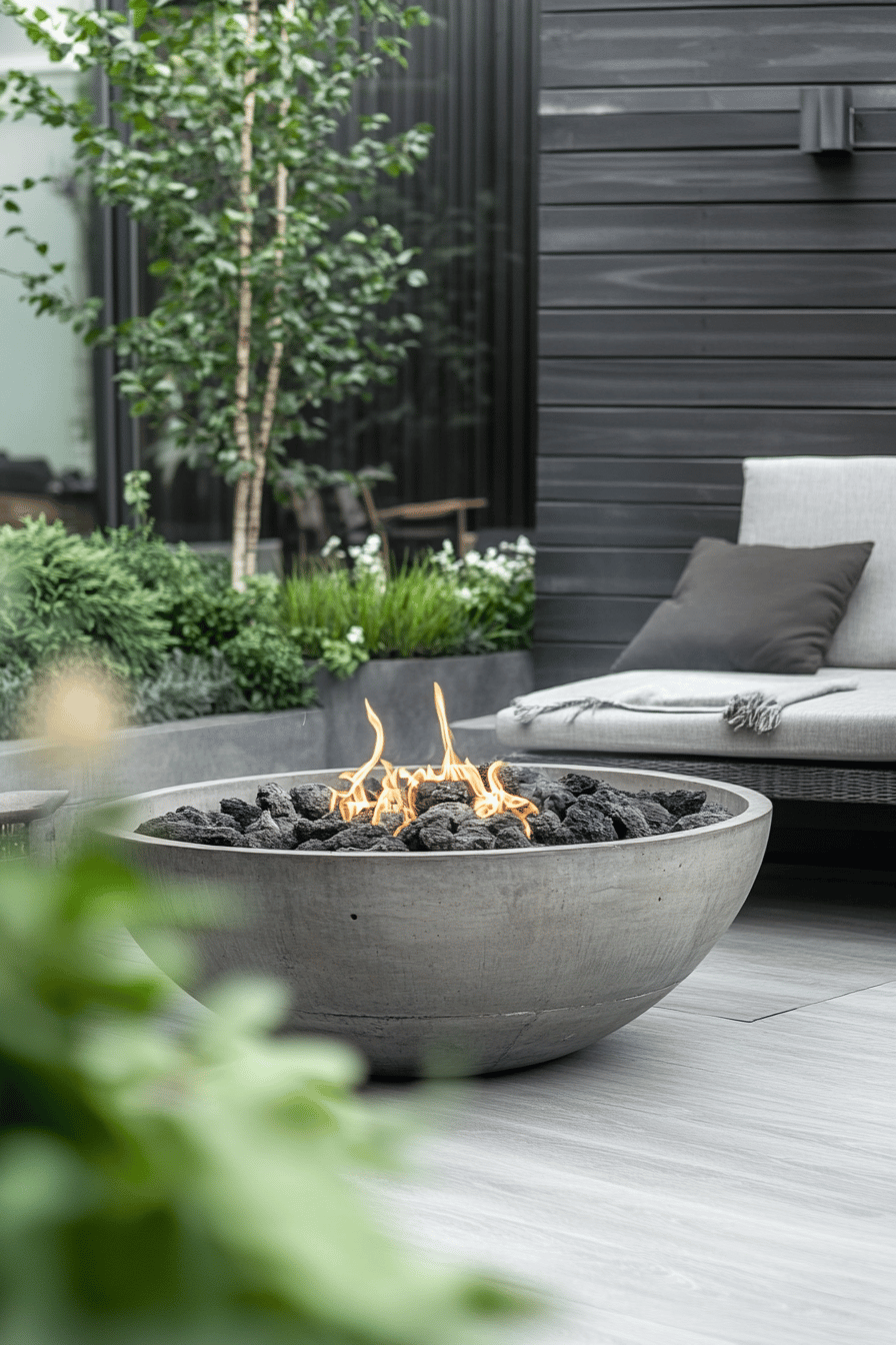 Moderne graue Feuerstelle auf einer Terrasse mit eleganten Sitzgelegenheiten.