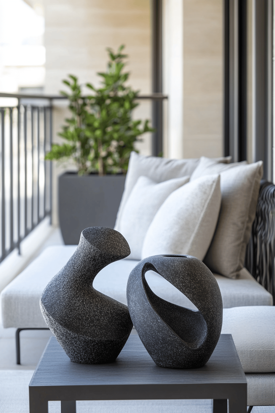 Zwei graue, moderne Skulpturen auf einem Tisch auf einer Terrasse mit Kissen im Hintergrund.