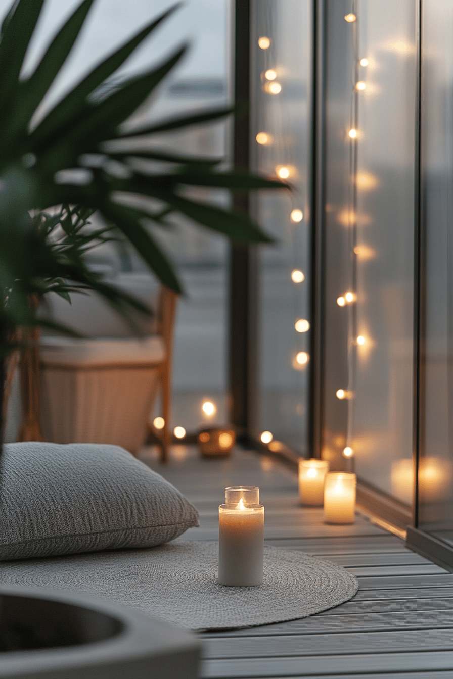 Terrasse mit grauem Dekor, sanft beleuchtet mit Kerzen und Lichterketten.