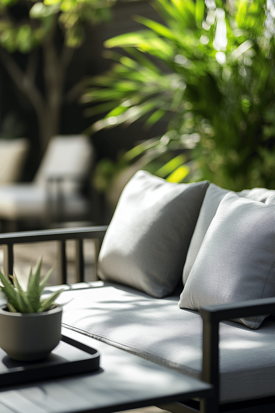 Moderne graue Terrasse mit Kissen und Pflanze.