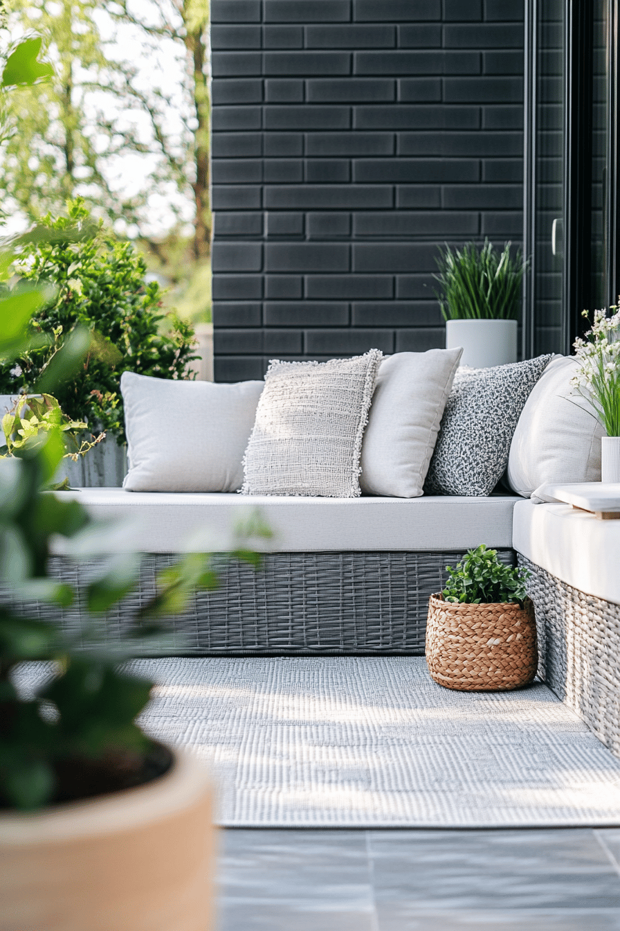 Moderne Terrasse mit grauen Dekorationen, Sofa und Pflanzen.