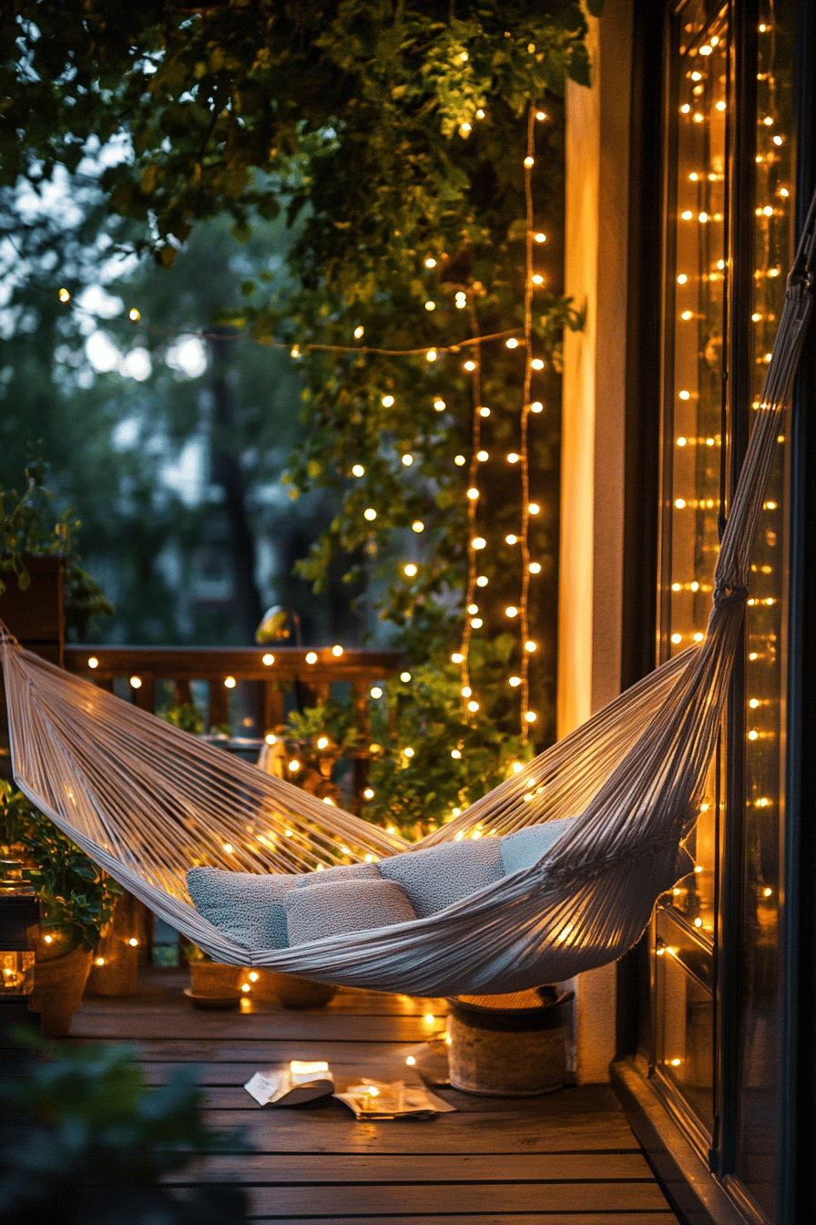 Gemütliche Hängematte mit Lichterketten auf einer Terrasse