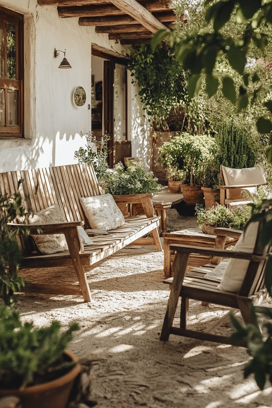 Holz-Gartenmöbel auf einer gemütlichen Landhaus-Terrasse mit Pflanzen.