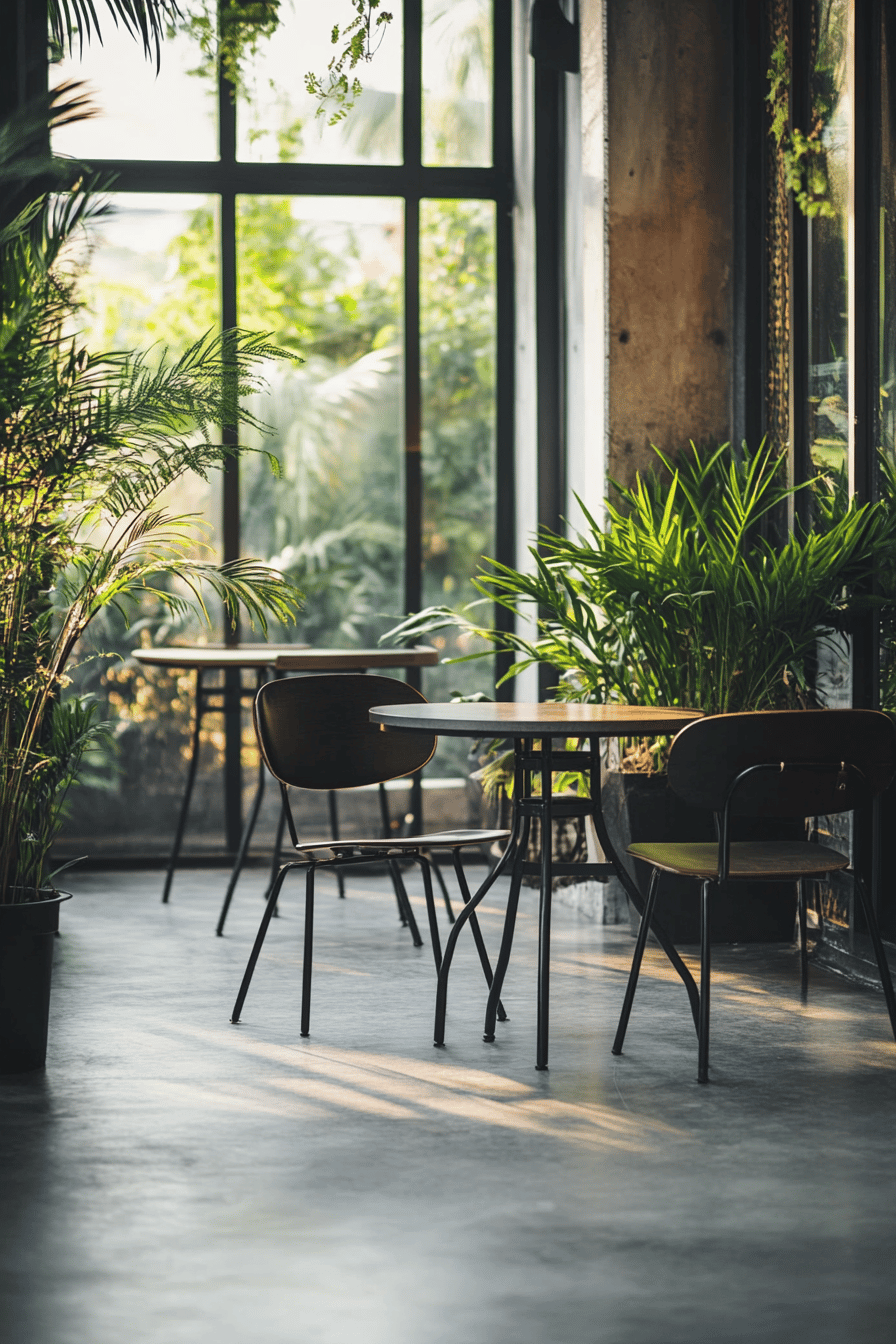 Industrialisierte Terrasse mit Betonboden, umgeben von Pflanzen und Möbeln.