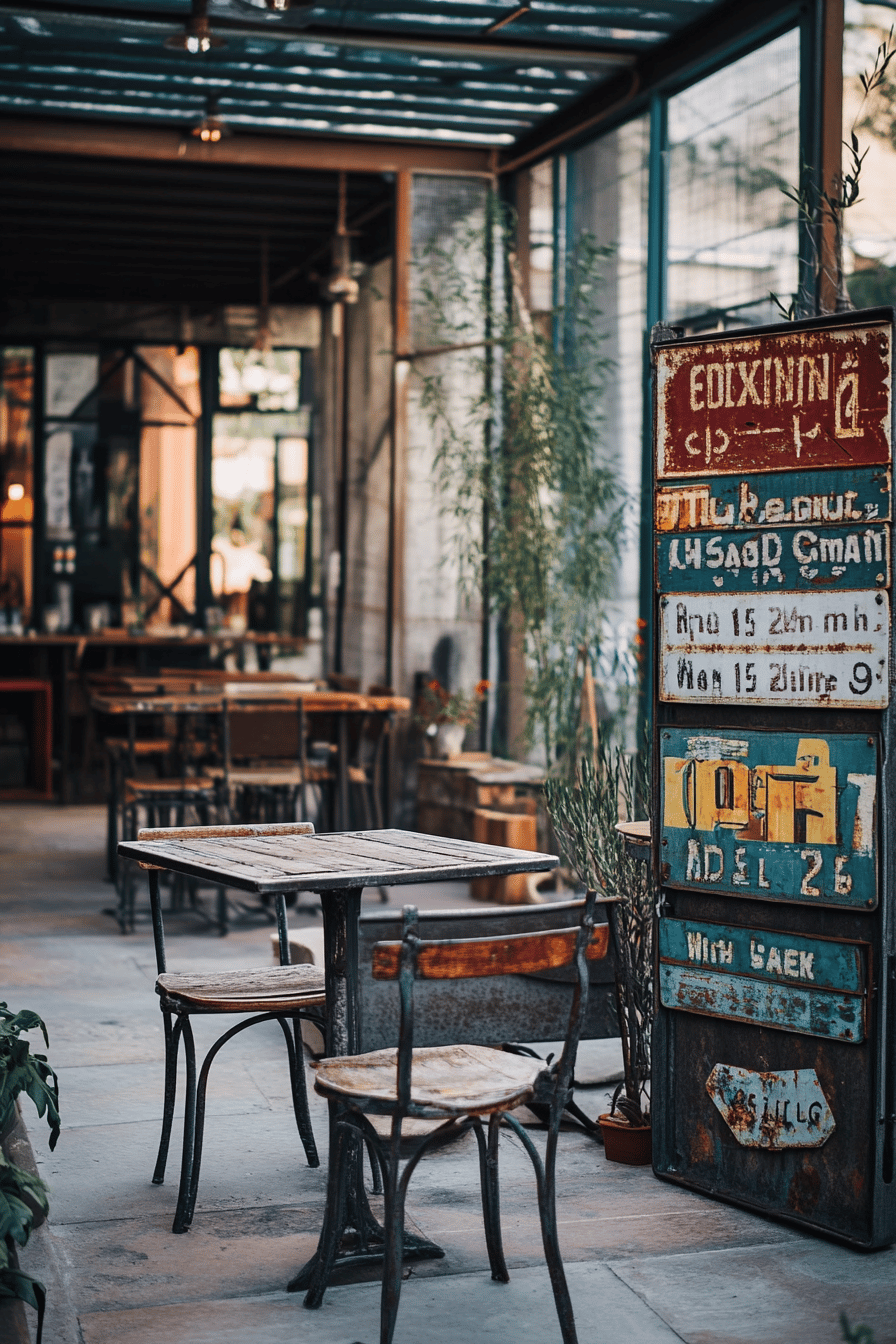 Eine mit Vintage-Leuchtschildern und rustikalen Möbeln dekorierte Terrasse im Industrial-Stil.