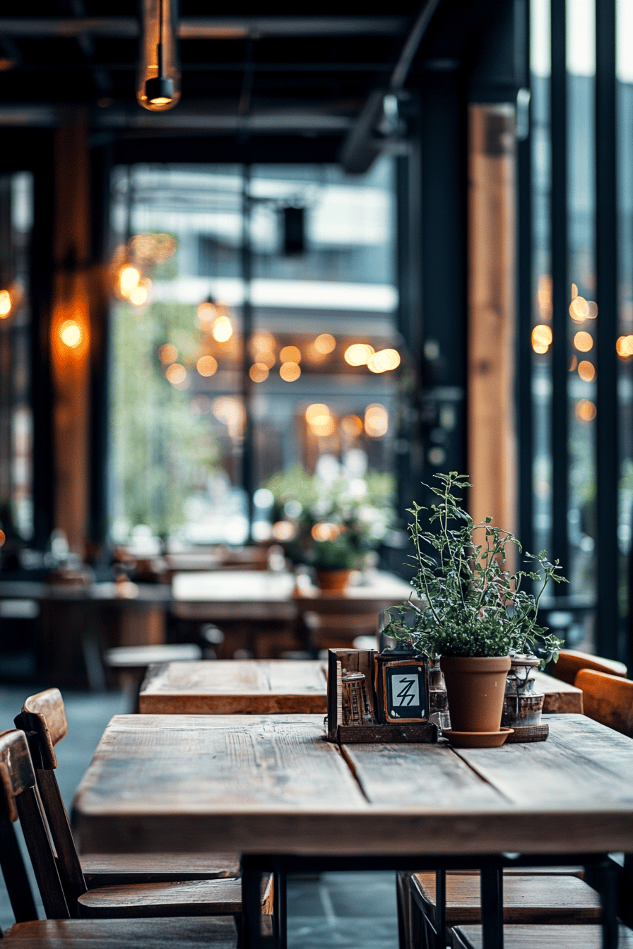 Industrial Terrasse mit Holztischen und Pflanzen als Dekoration.