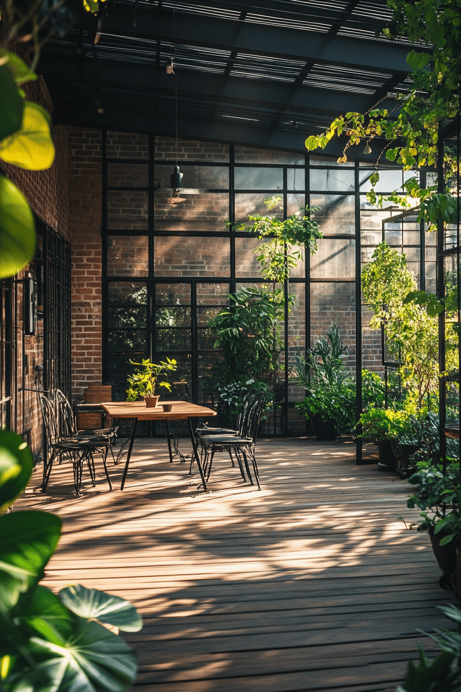 Terrasse im Industrial-Stil mit Pflanzen und Metallmöbeln.