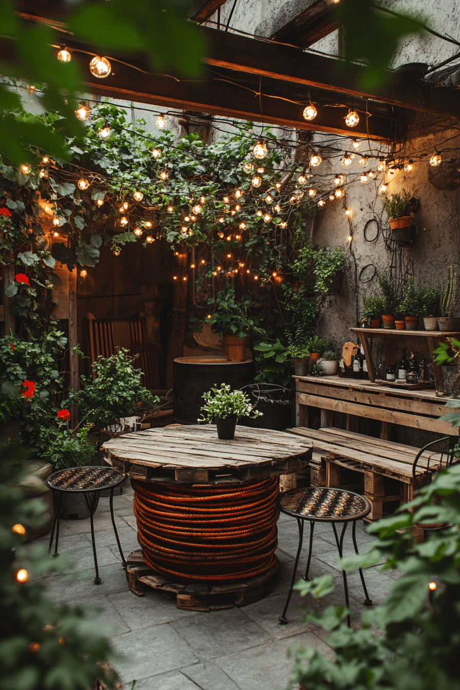 Rustikale Terrasse mit Palettenmöbeln, Pflanzen und Lichterketten im Industrial-Stil.